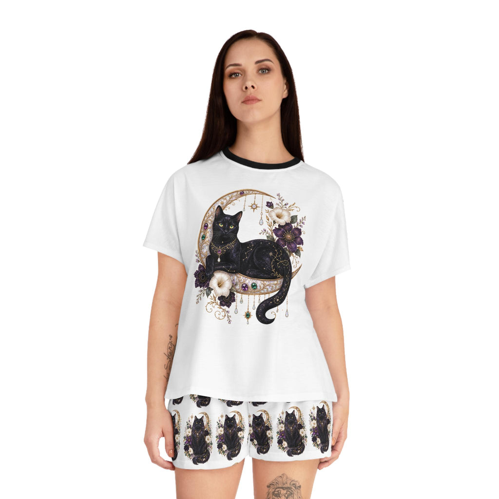 Black Cat Crescent Moon Pajama Set | Short Sleep Tee and Shorts
