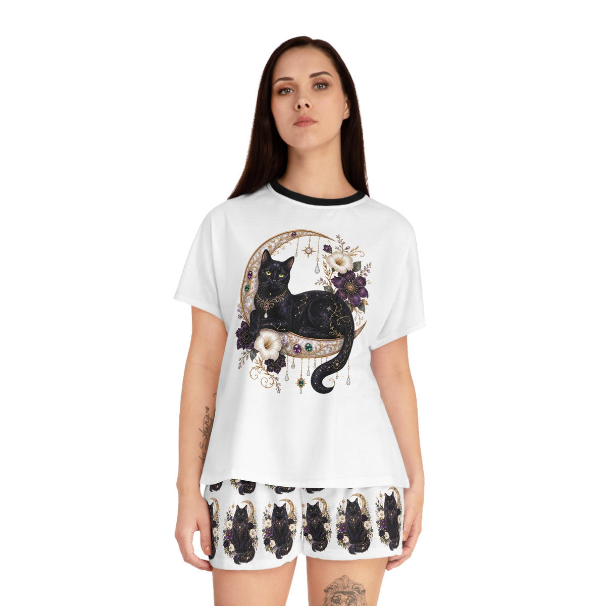 Black Cat Crescent Moon Pajama Set | Short Sleep Tee and Shorts