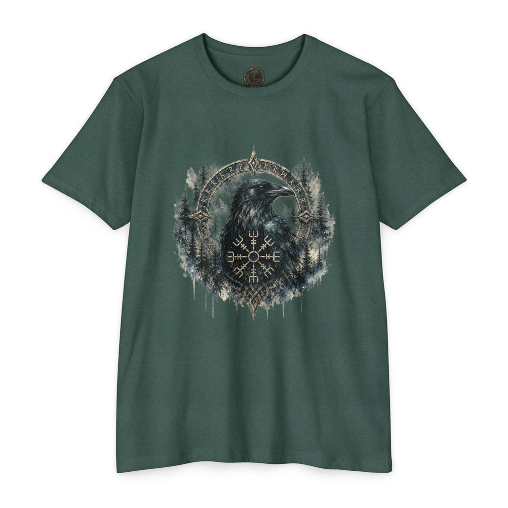 Vegvisir Raven T-Shirt, Norse Runic Compass, Viking Forest Crow Tee