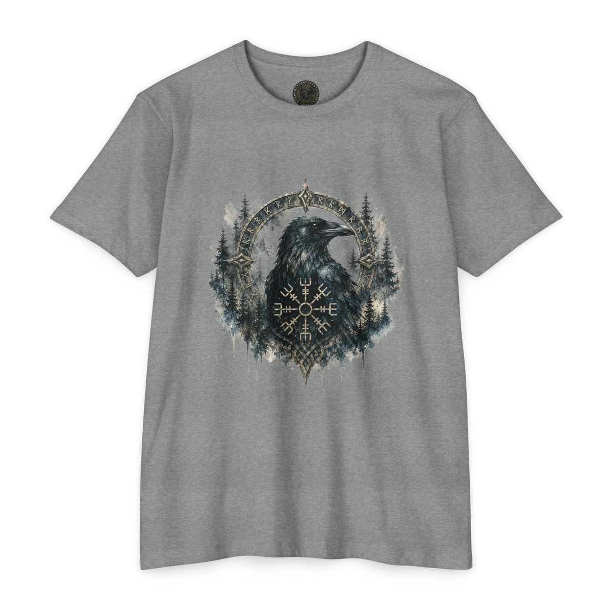Vegvisir Raven T-Shirt, Norse Runic Compass, Viking Forest Crow Tee