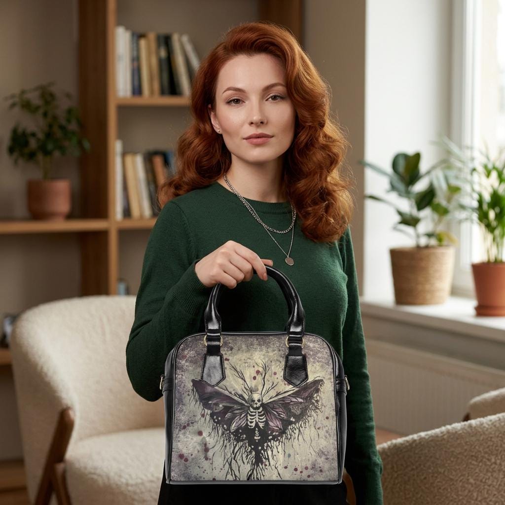 Gothic Death Head Moth Handbag, Vegan Leather Crossbody, Witchy Artwork Accessory