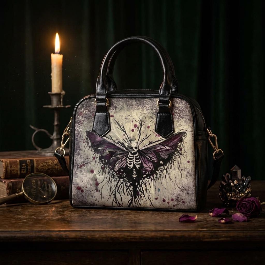 Gothic Death Head Moth Handbag, Vegan Leather Crossbody, Witchy Artwork Accessory