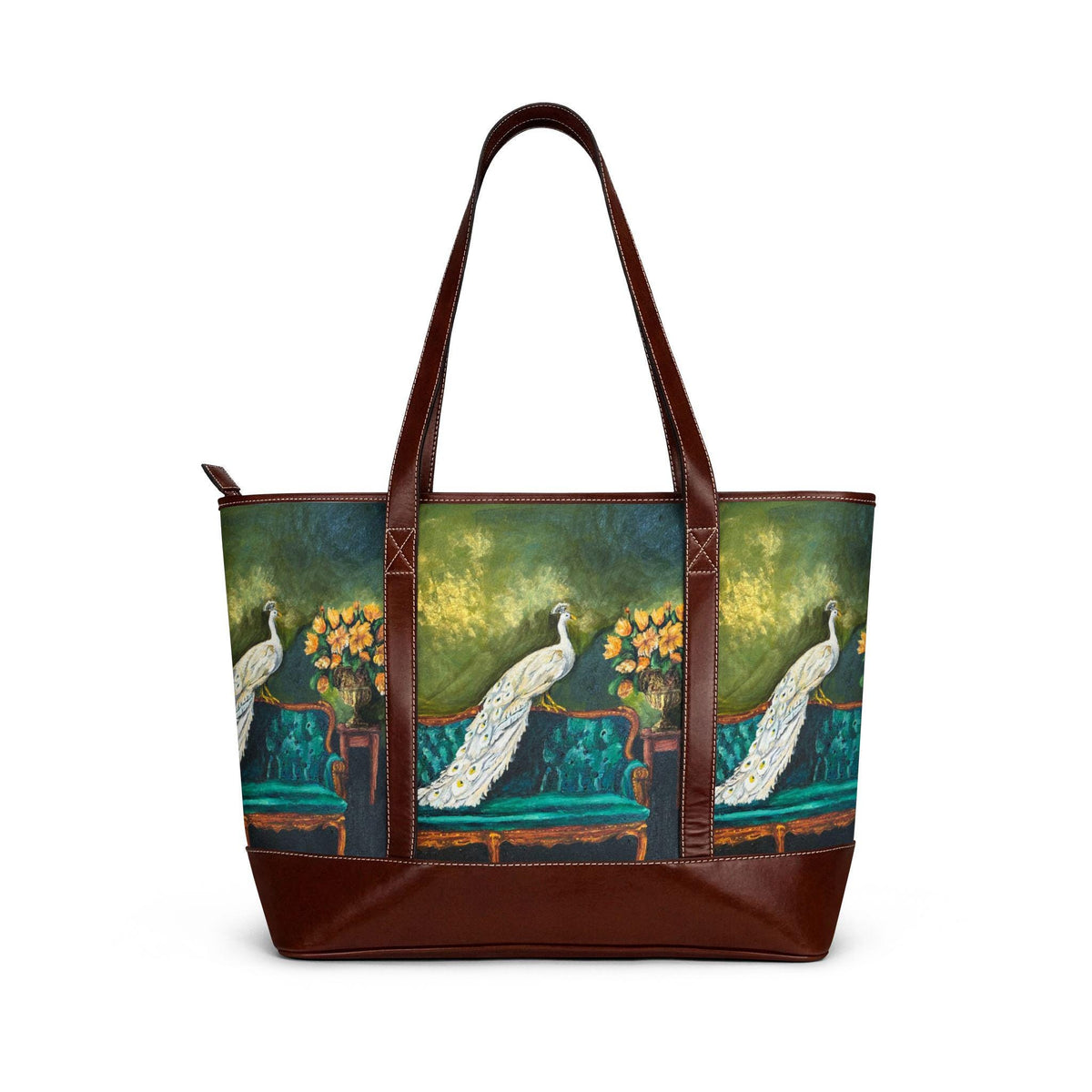 White Peacock Painting Tote Bag, Antique Settee Art, Cottagecore Gift