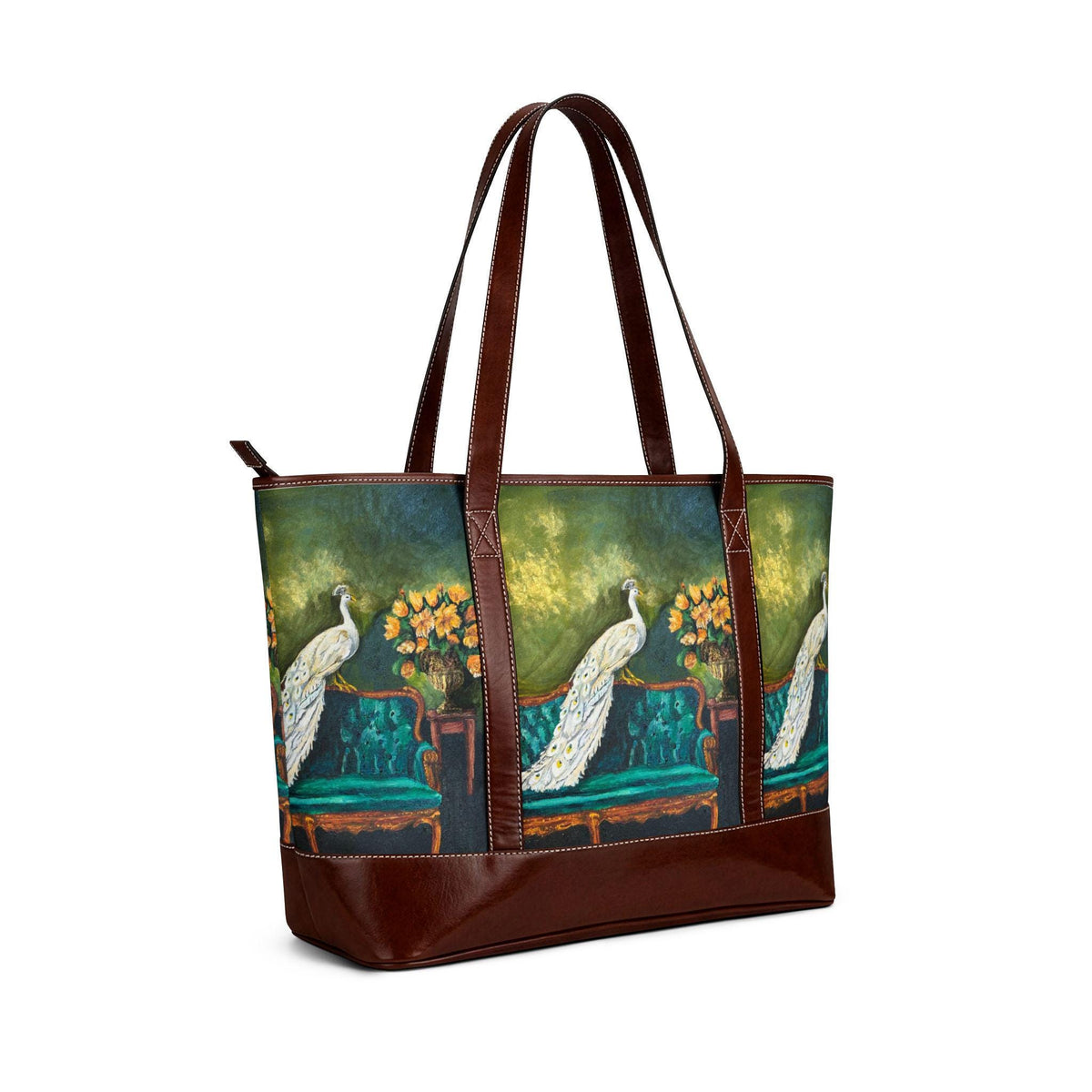 White Peacock Painting Tote Bag, Antique Settee Art, Cottagecore Gift