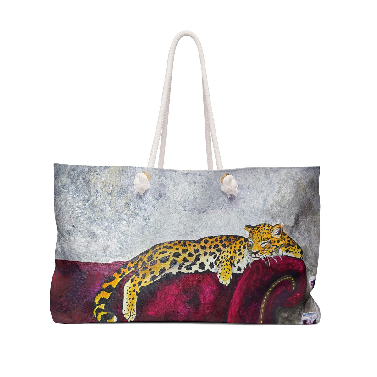 Leopard Lounging on Red Velvet Couch Weekender Bag | Animal Art Travel Tote