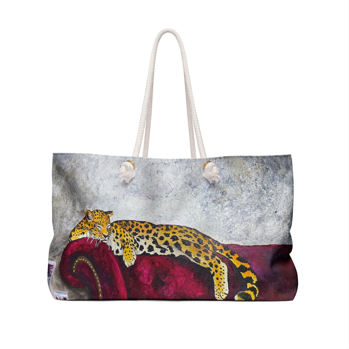 Leopard Lounging on Red Velvet Couch Weekender Bag | Animal Art Travel Tote