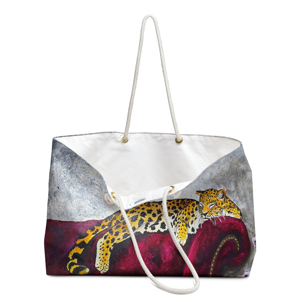 Leopard Lounging on Red Velvet Couch Weekender Bag | Animal Art Travel Tote