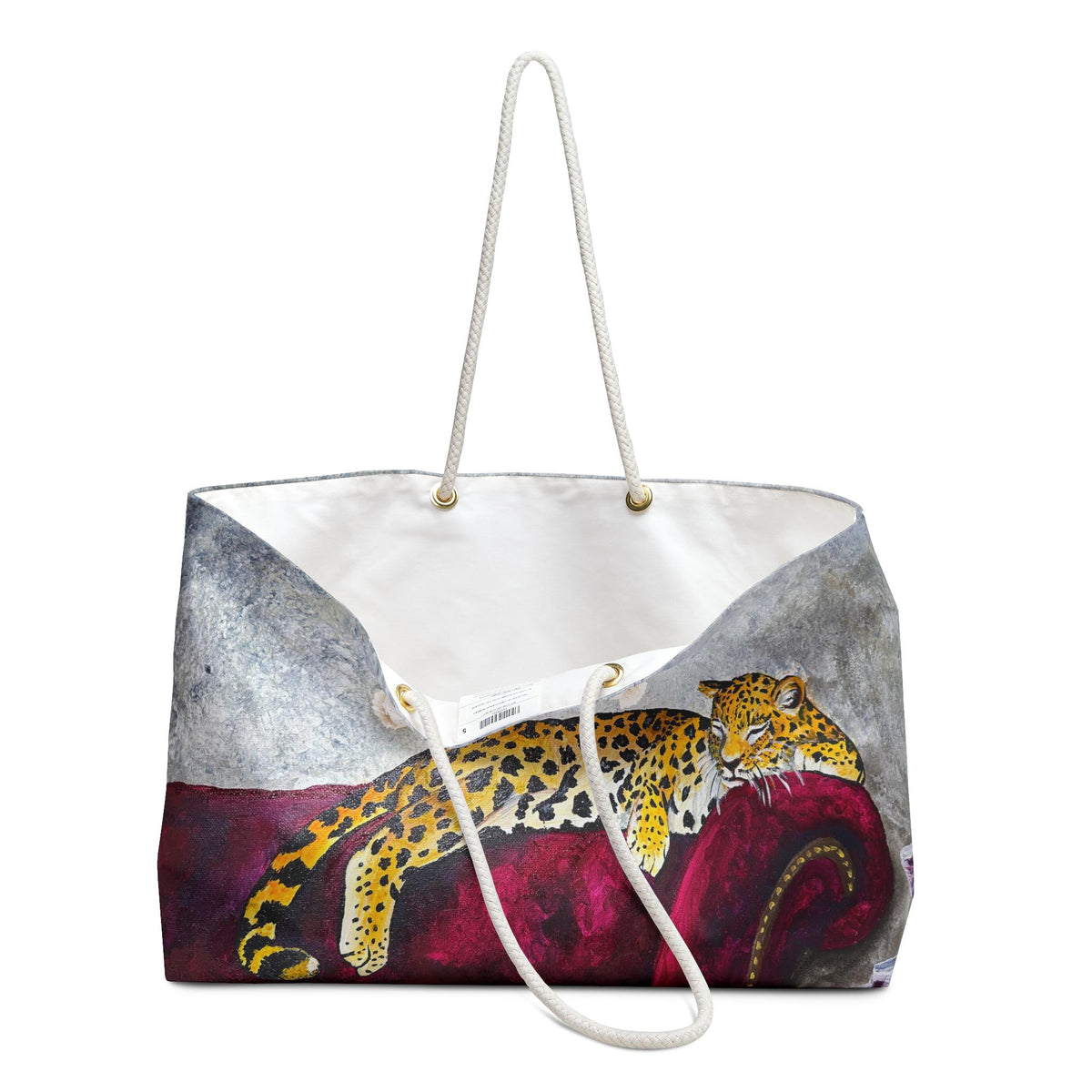 Leopard Lounging on Red Velvet Couch Weekender Bag | Animal Art Travel Tote