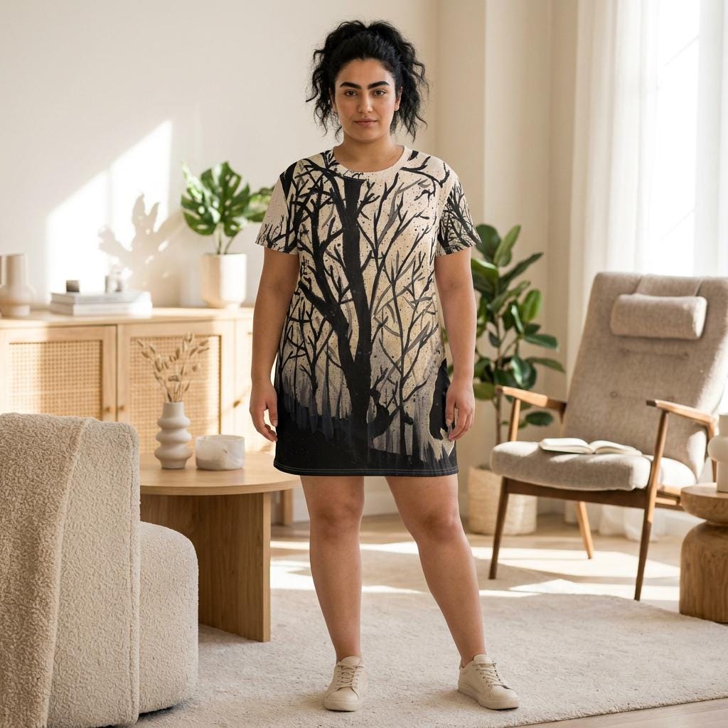 Silhouette Sasquatch Forest T-Shirt Dress | Woodland Bigfoot Night Scene