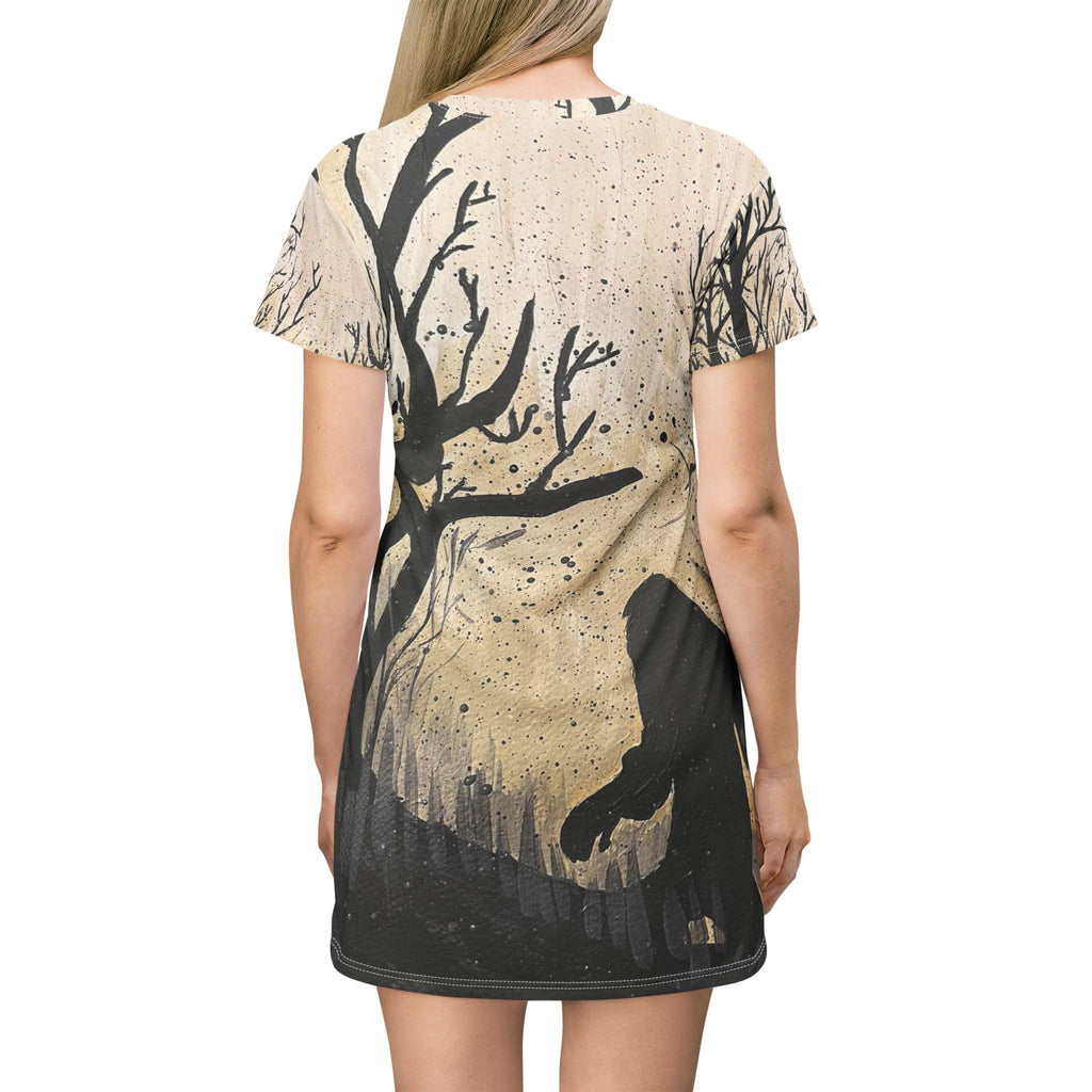 Silhouette Sasquatch Forest T-Shirt Dress | Woodland Bigfoot Night Scene