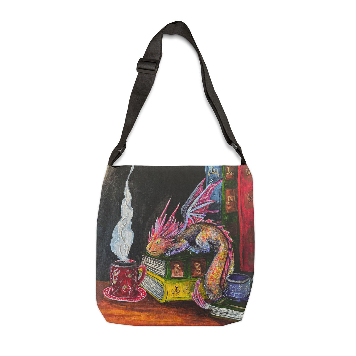 Dragon Reading on Books Tote Bag | Illustrated Fantasy Creature with Coffee
