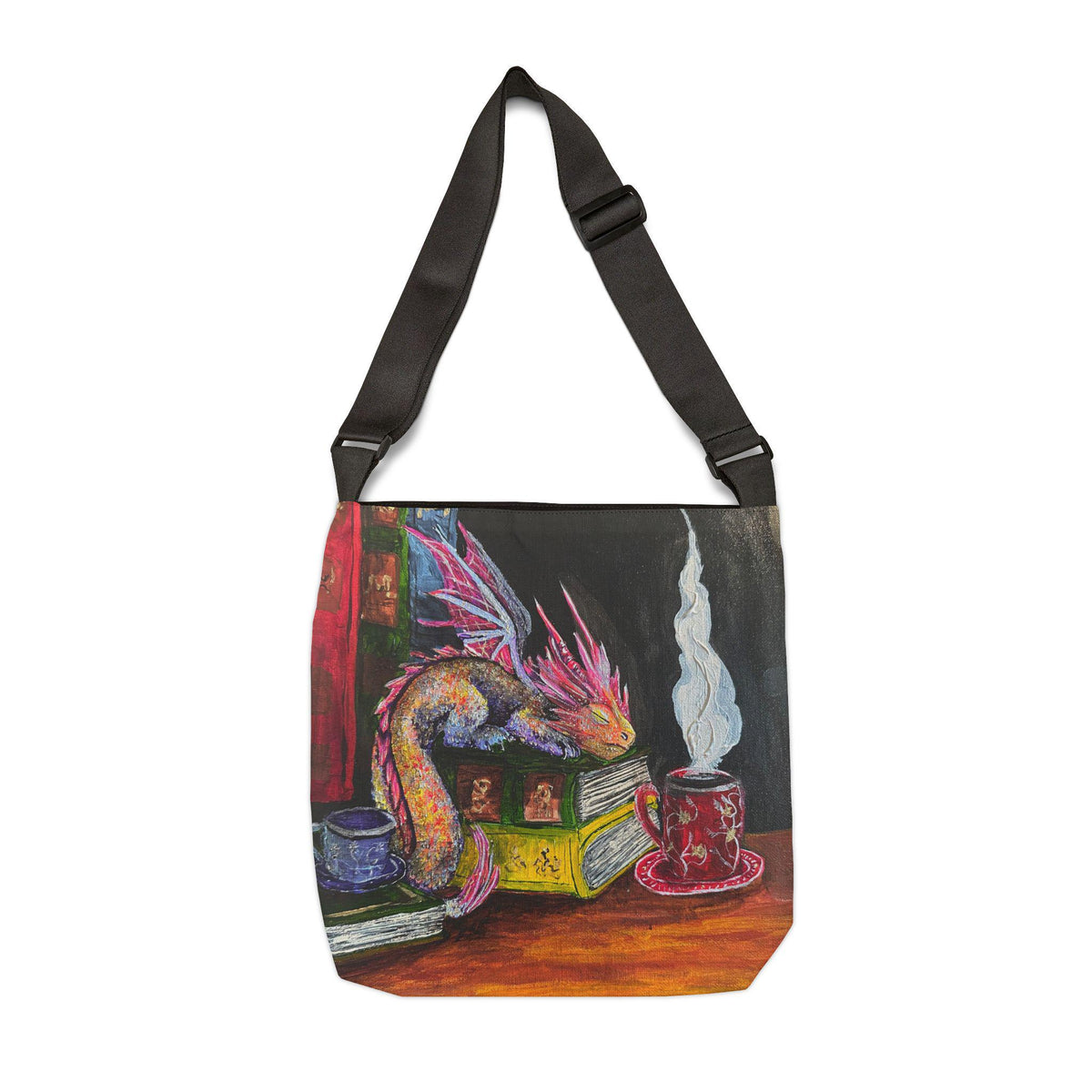 Dragon Reading on Books Tote Bag | Illustrated Fantasy Creature with Coffee