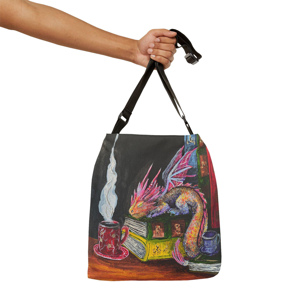 Dragon Reading on Books Tote Bag | Illustrated Fantasy Creature with Coffee
