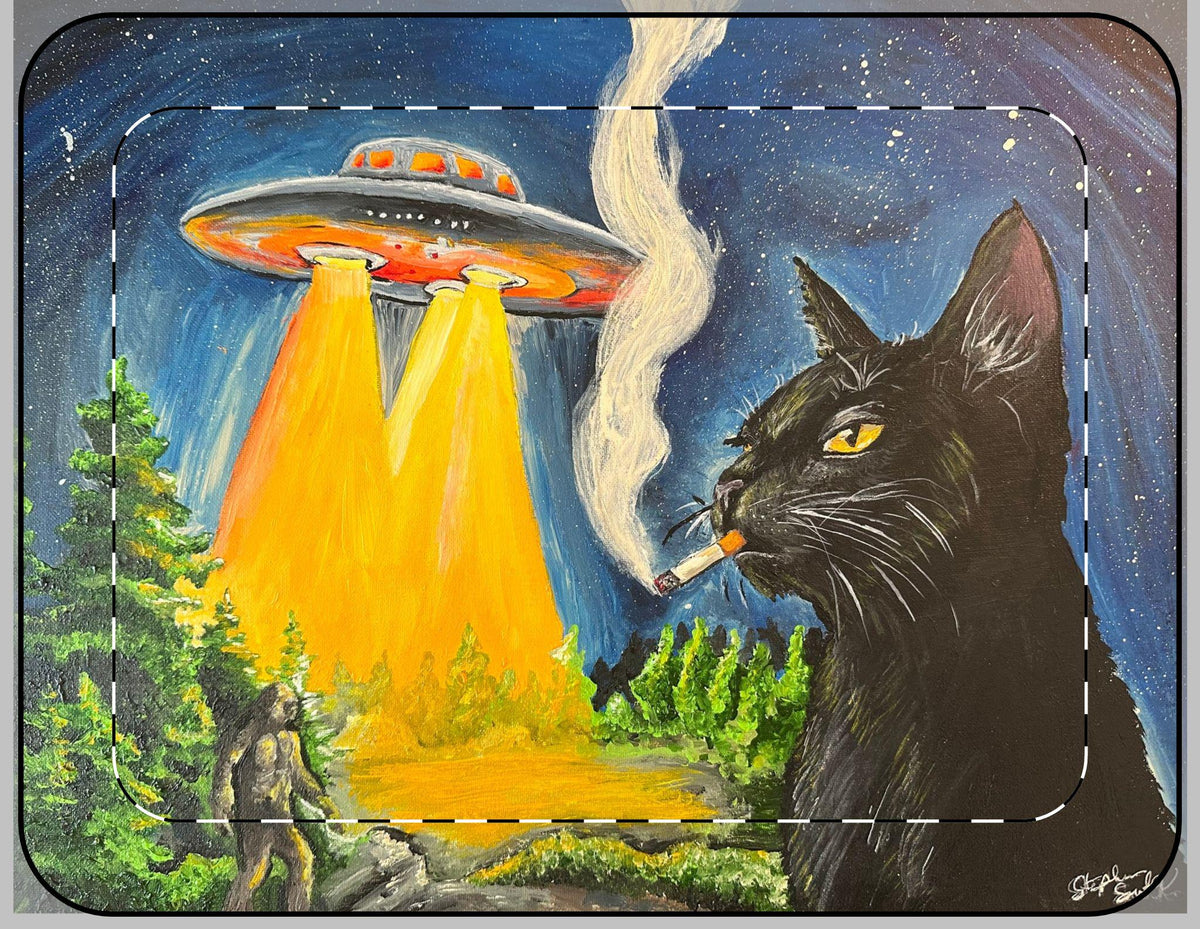 Smoking Black Cat with UFO Beam Laptop Sleeve | Alien Abduction Art