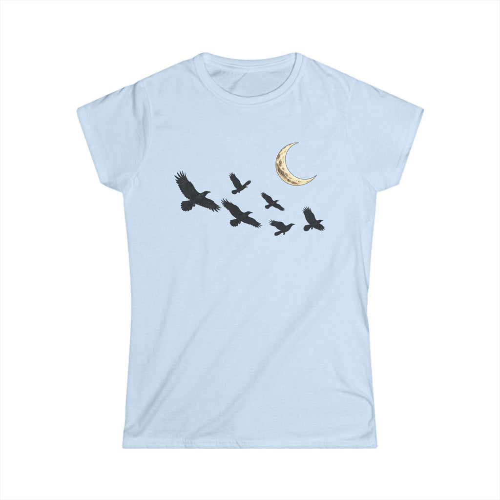 Raven Flock Crescent Moon Women's Tee, Gothic Celestial Bird Shirt