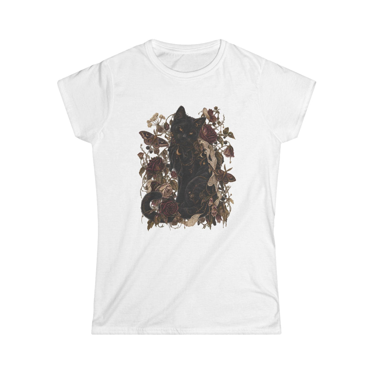 Black Cat Gothic Floral Tee, Roses, Moths, Lace, Cottagecore Shirt