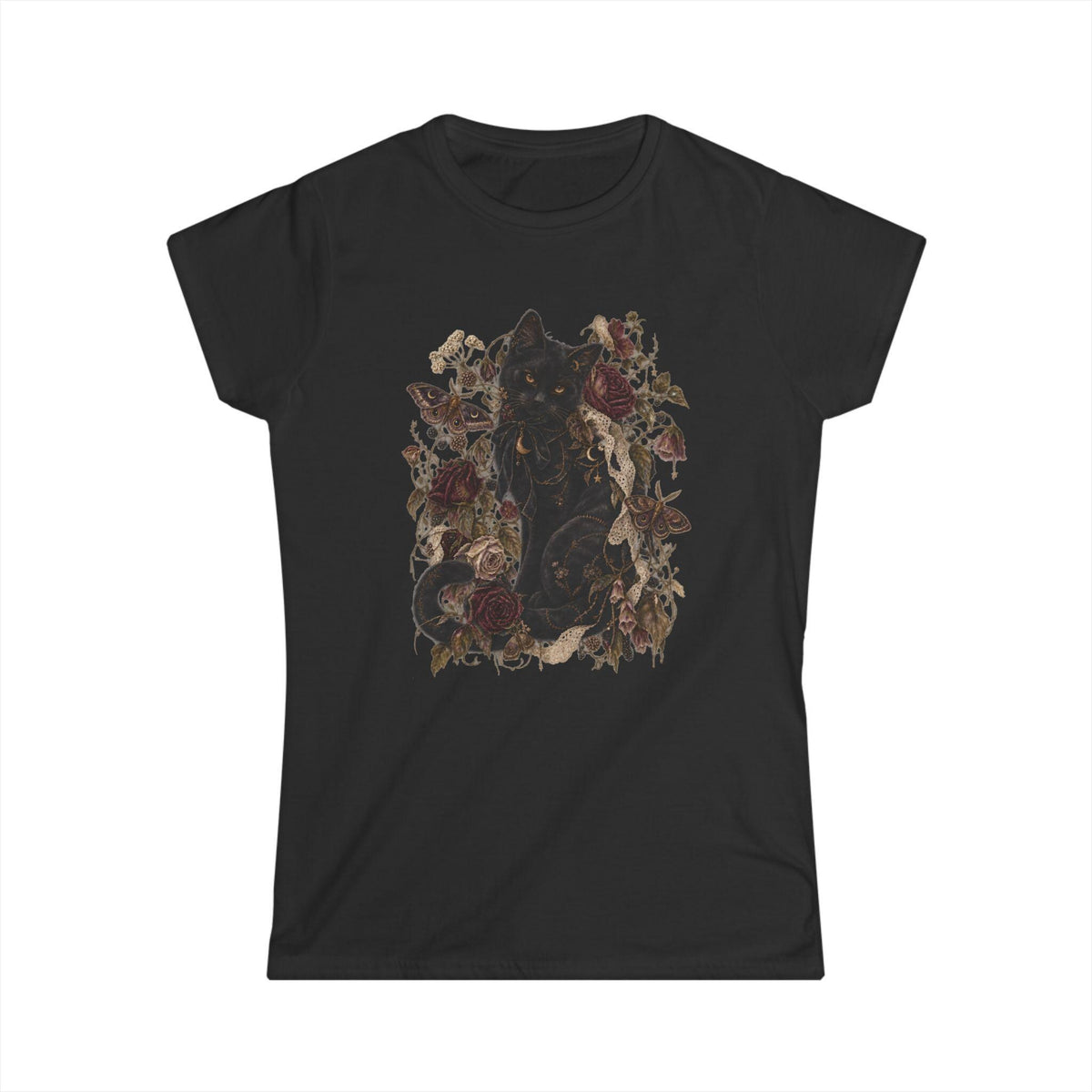 Black Cat Gothic Floral Tee, Roses, Moths, Lace, Cottagecore Shirt