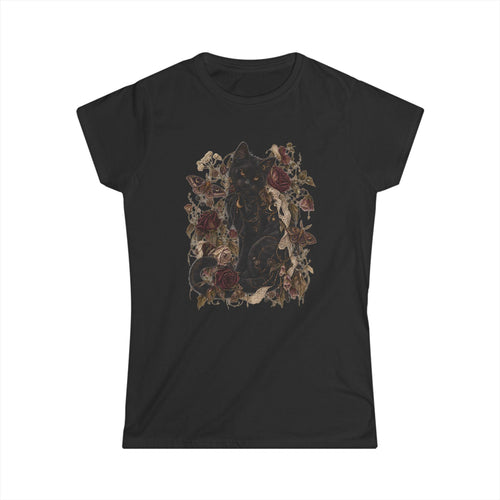 Black Cat Gothic Floral Tee, Roses, Moths, Lace, Cottagecore Shirt