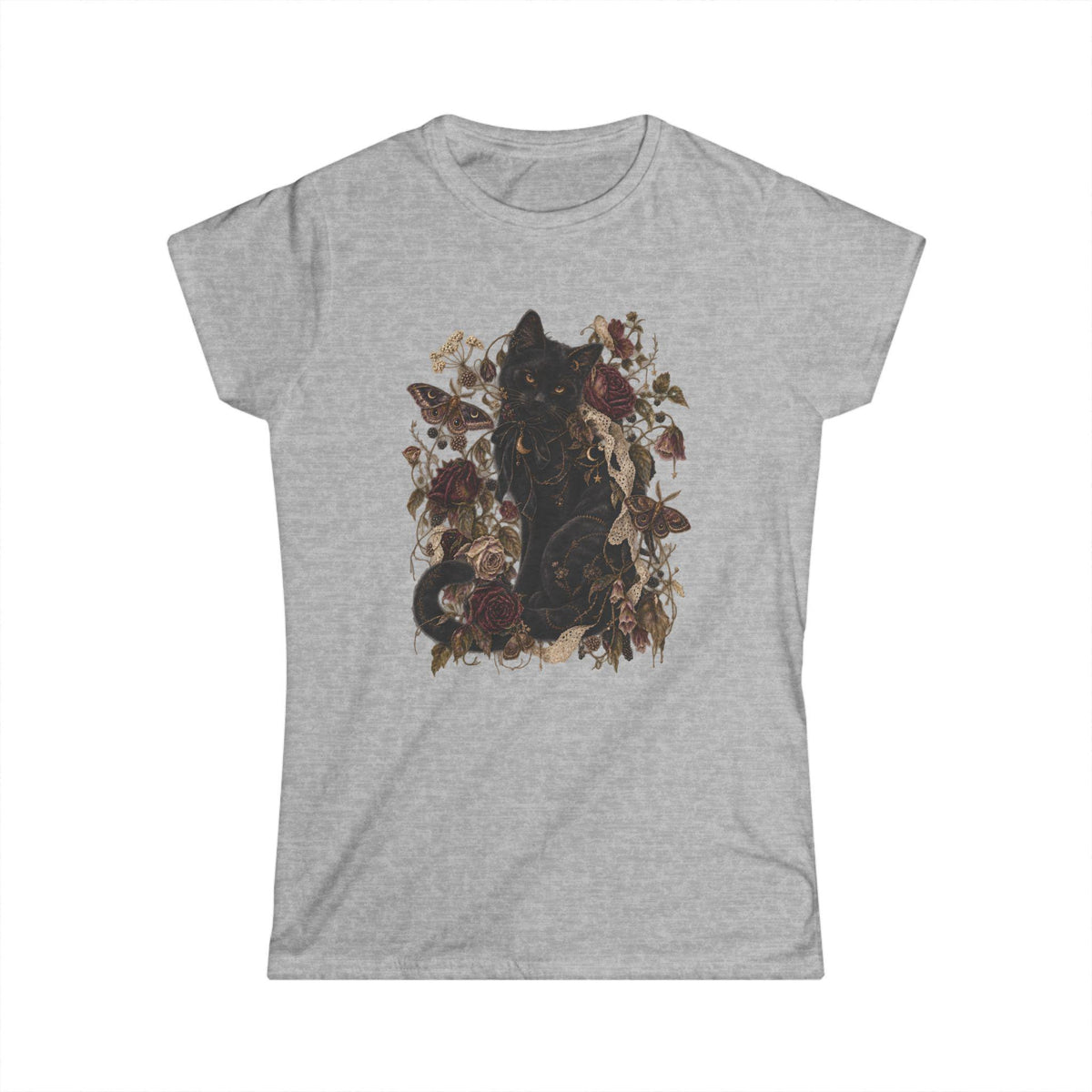 Black Cat Gothic Floral Tee, Roses, Moths, Lace, Cottagecore Shirt