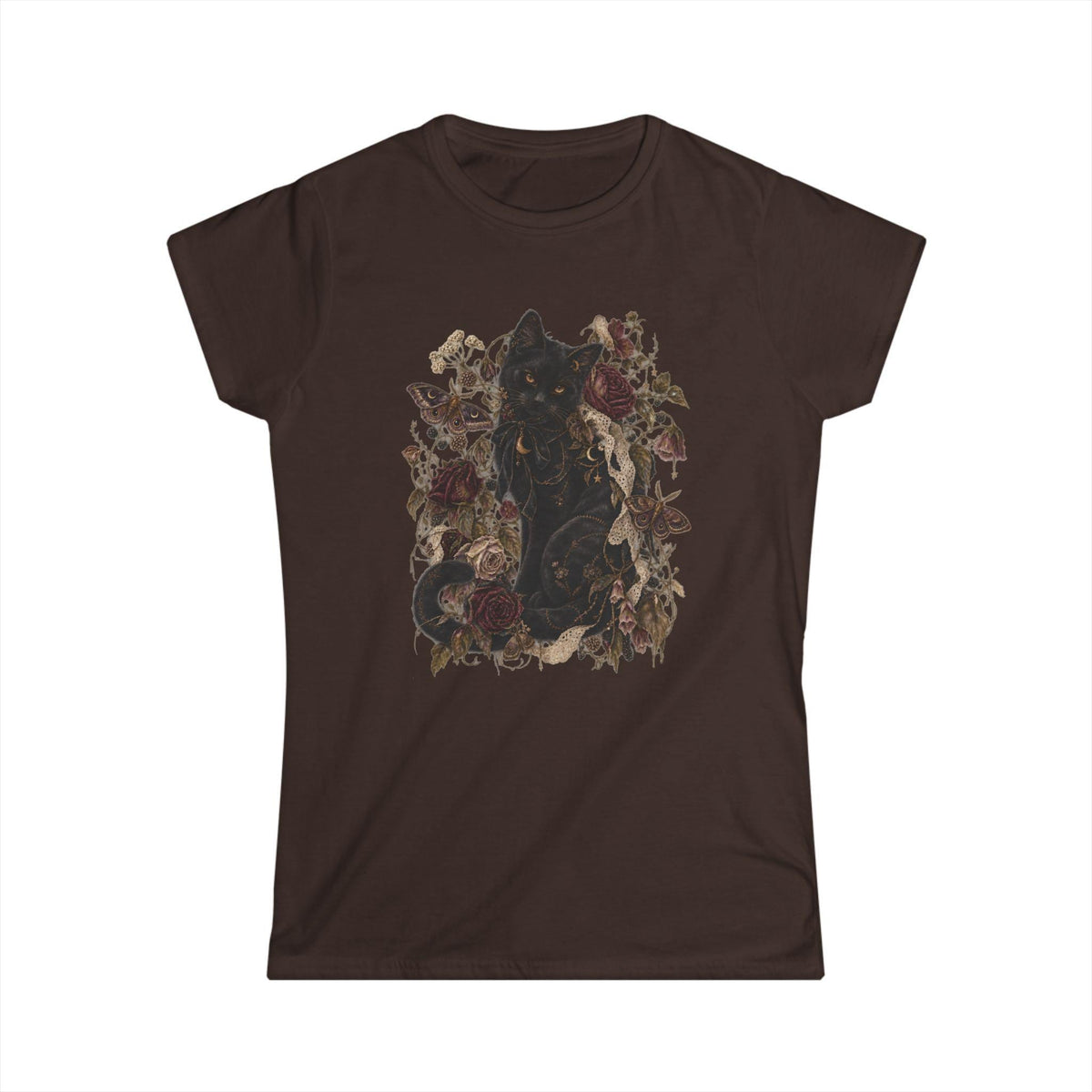 Black Cat Gothic Floral Tee, Roses, Moths, Lace, Cottagecore Shirt