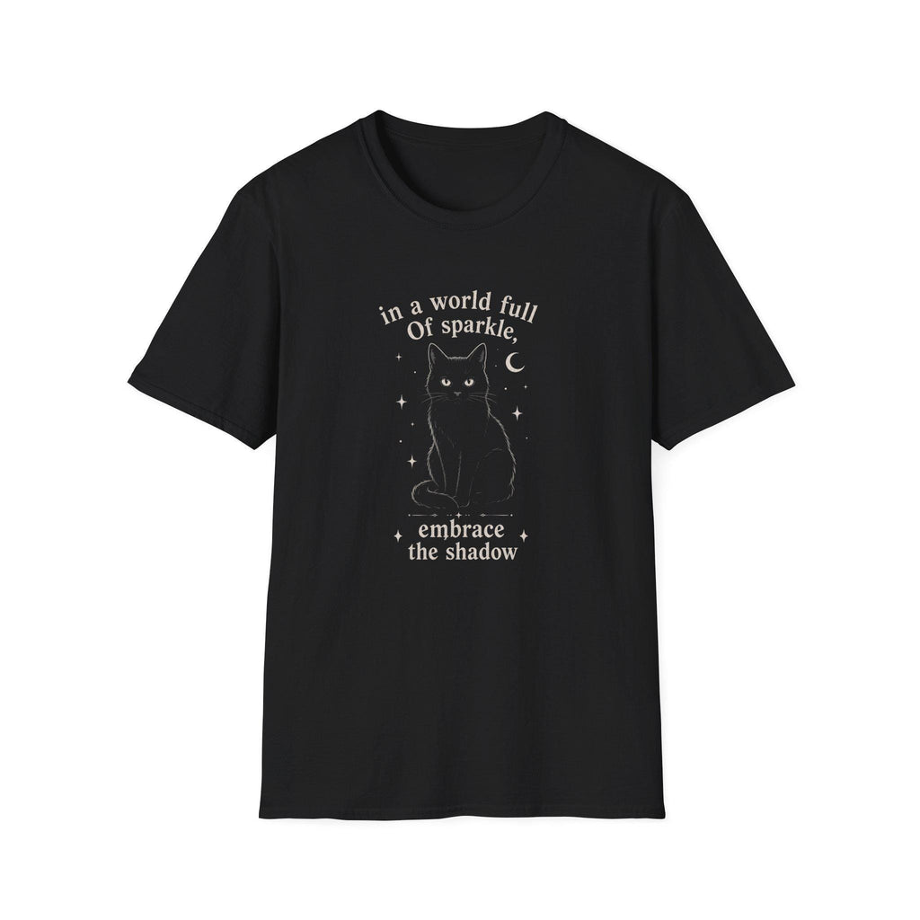 Embrace the Shadow Black Cat Tee, Witchy Moon Design, Dark Academia Gift