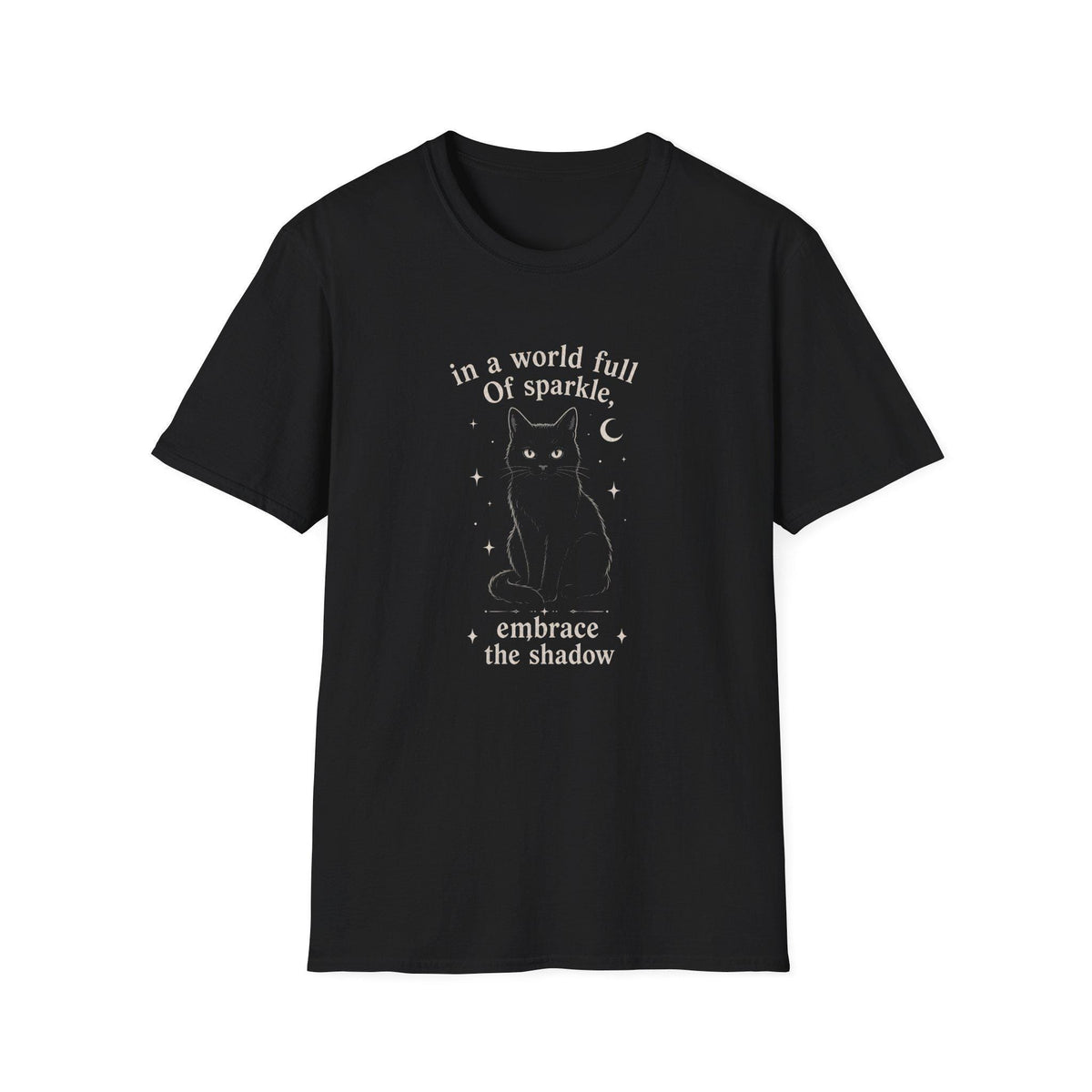Embrace the Shadow Black Cat Tee, Witchy Moon Design, Dark Academia Gift
