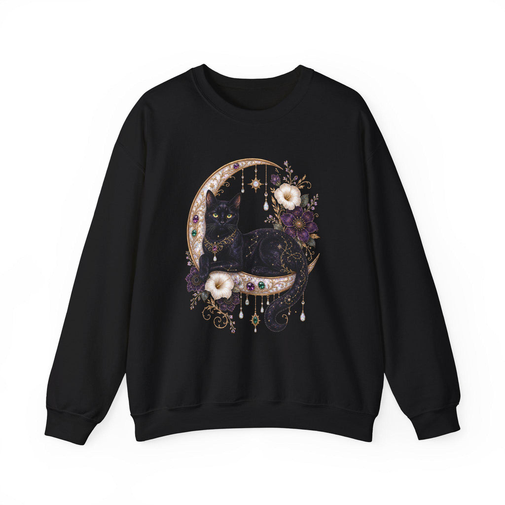 Black Cat on Jewelled Crescent Moon Sweatshirt, Celestial Witchy Art (Heavy Blend)
