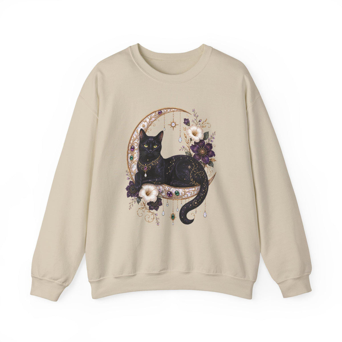 Black Cat on Jewelled Crescent Moon Sweatshirt, Celestial Witchy Art (Heavy Blend)