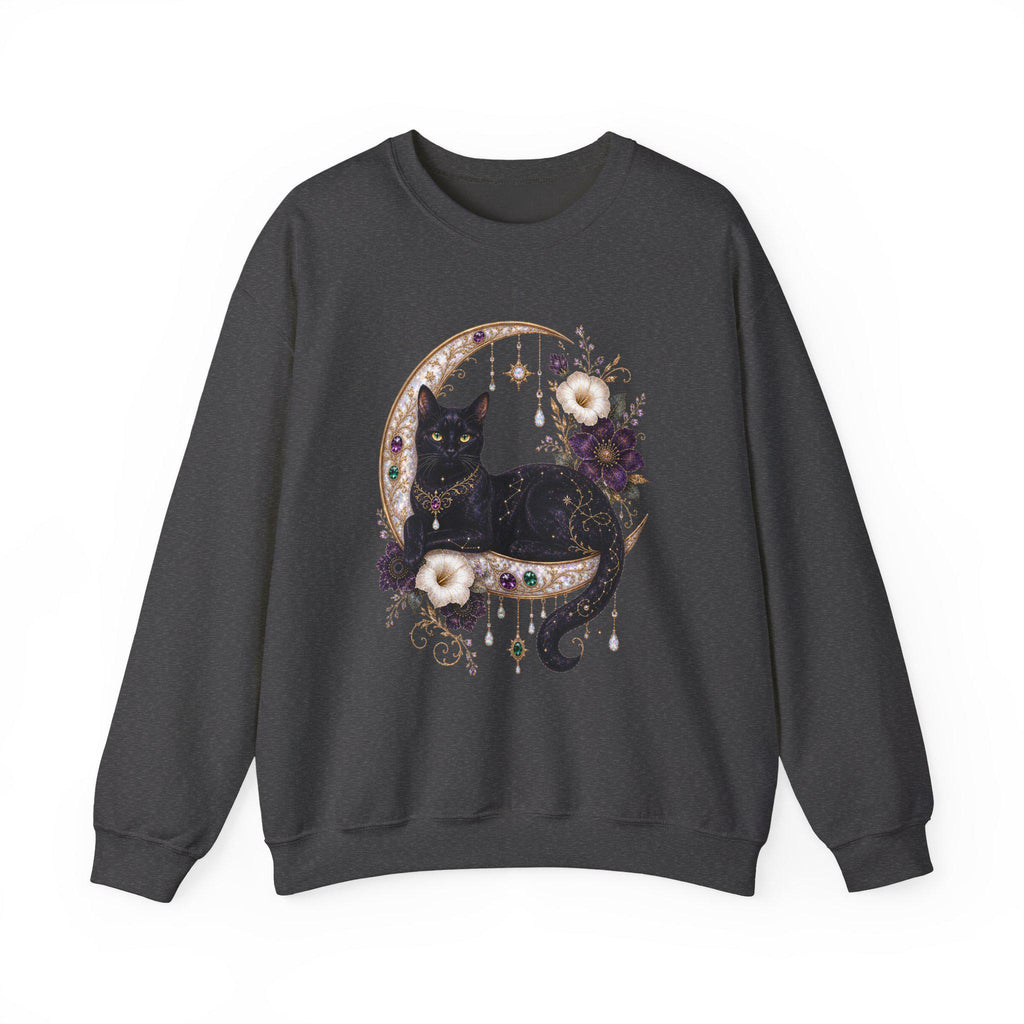Black Cat on Jewelled Crescent Moon Sweatshirt, Celestial Witchy Art (Heavy Blend)