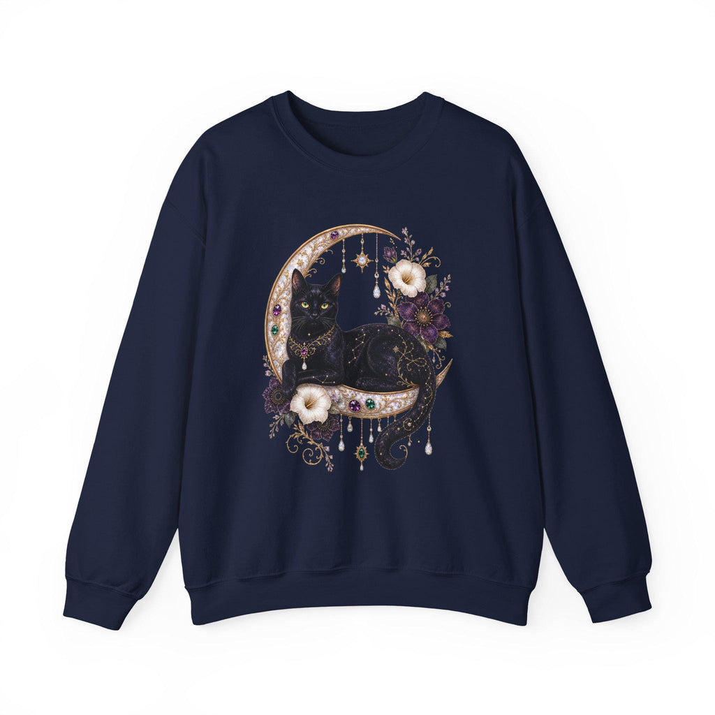 Black Cat on Jewelled Crescent Moon Sweatshirt, Celestial Witchy Art (Heavy Blend)