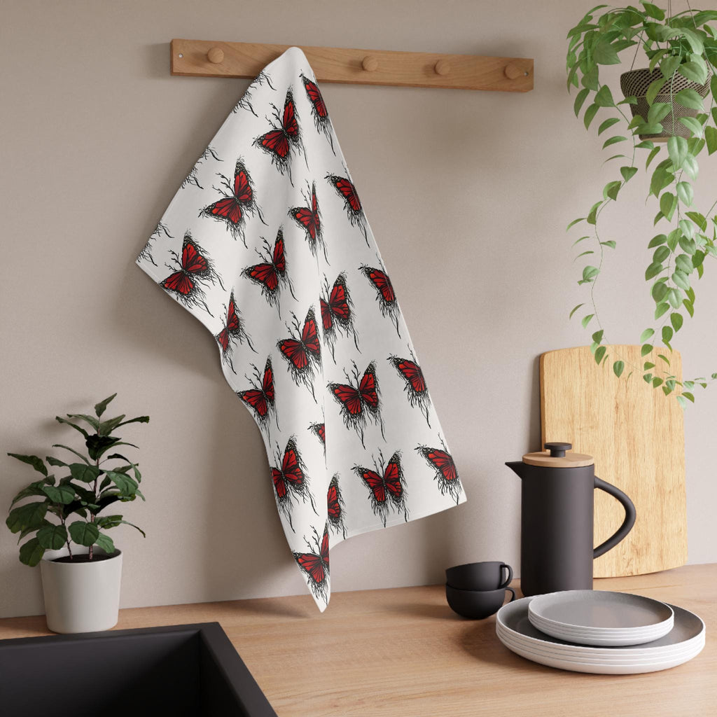 Red Dripping Butterfly Tea Towel | Kitchen Towel, Floral Insect Pattern