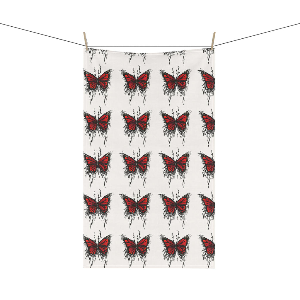 Red Dripping Butterfly Tea Towel | Kitchen Towel, Floral Insect Pattern