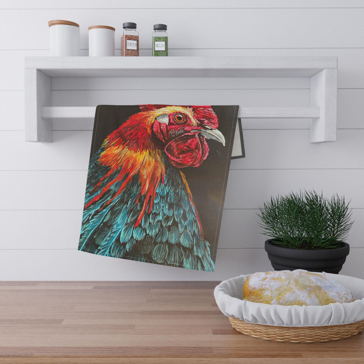 Colorful Rooster Portrait Tea Towel | Farmhouse Kitchen, Hand Towel