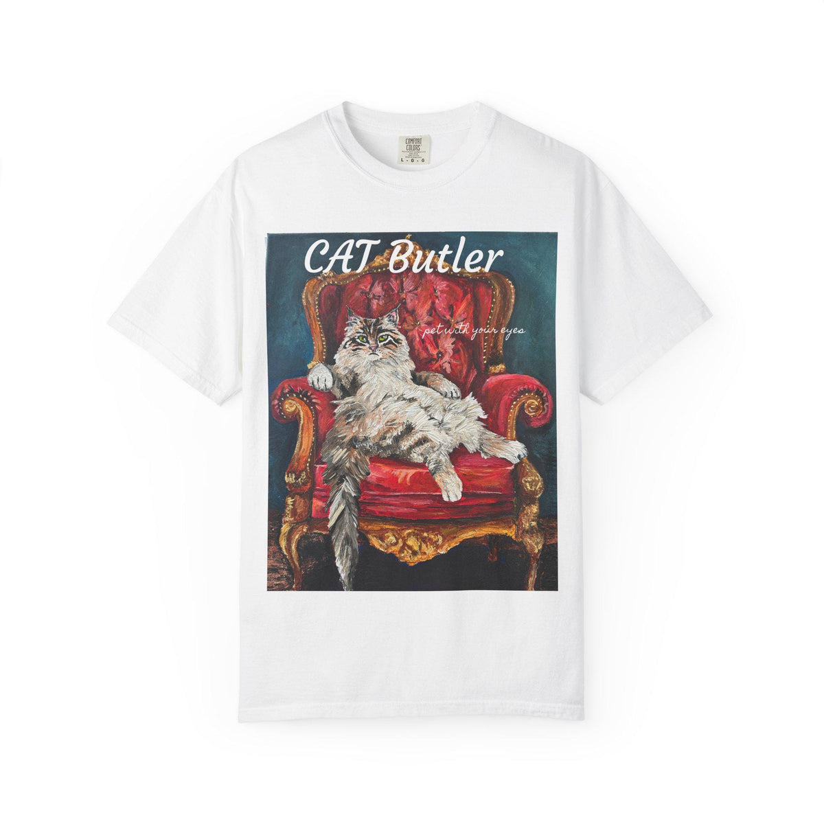 Cat Butler illustration T-shirt | Regal Cat on Throne, Vintage Pet Art