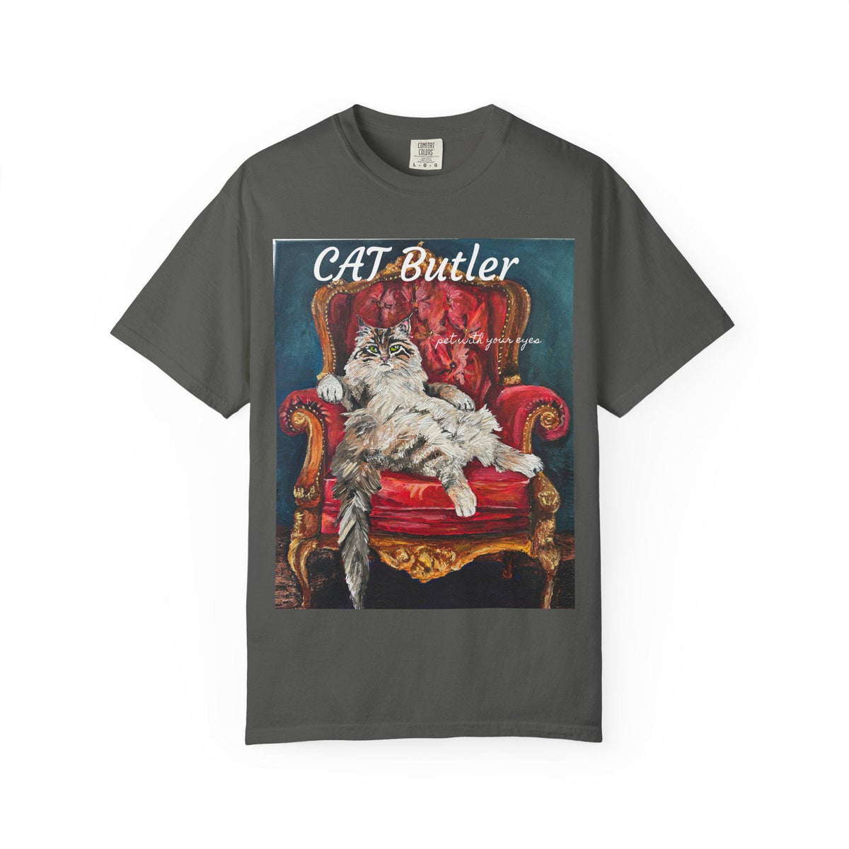 Cat Butler illustration T-shirt | Regal Cat on Throne, Vintage Pet Art