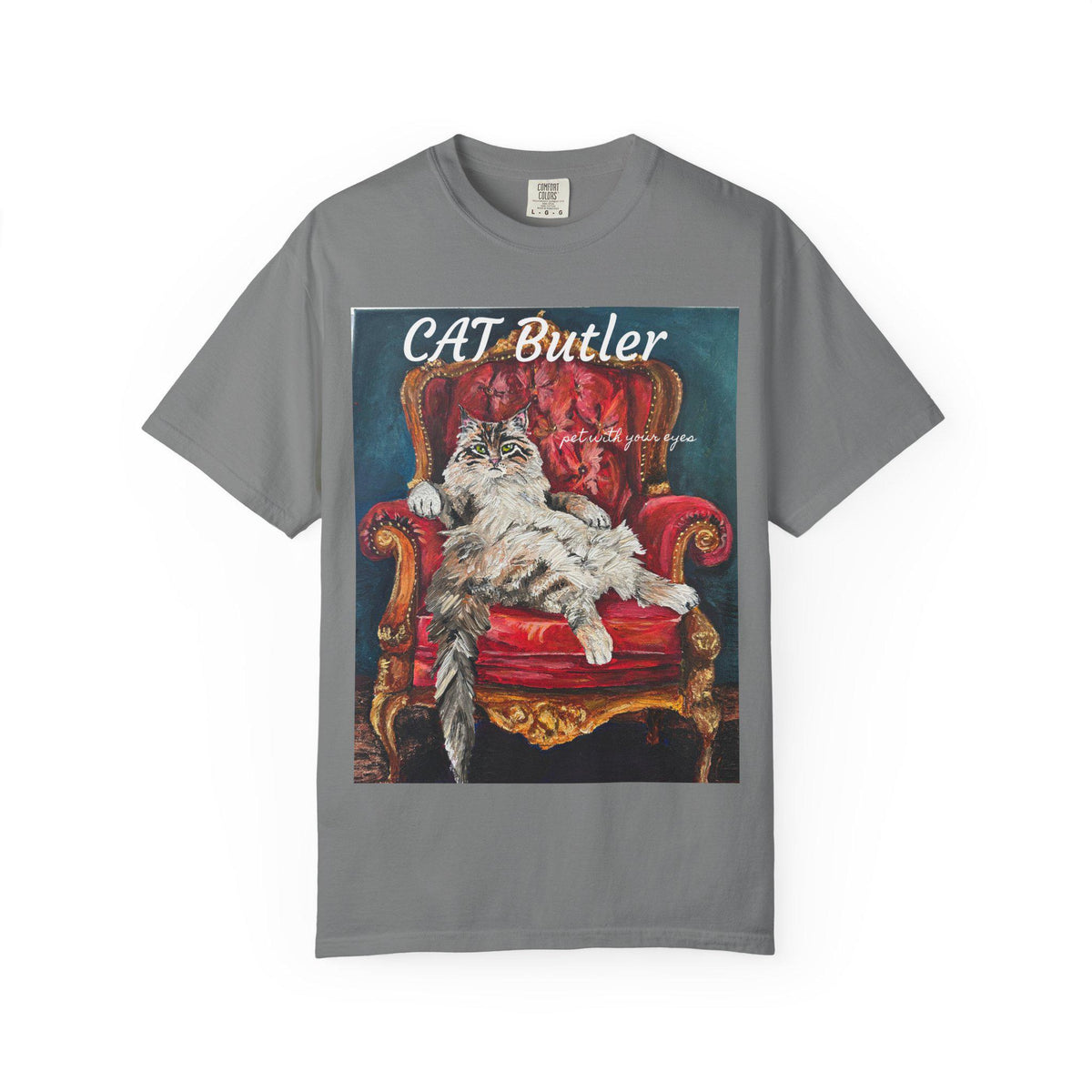 Cat Butler illustration T-shirt | Regal Cat on Throne, Vintage Pet Art