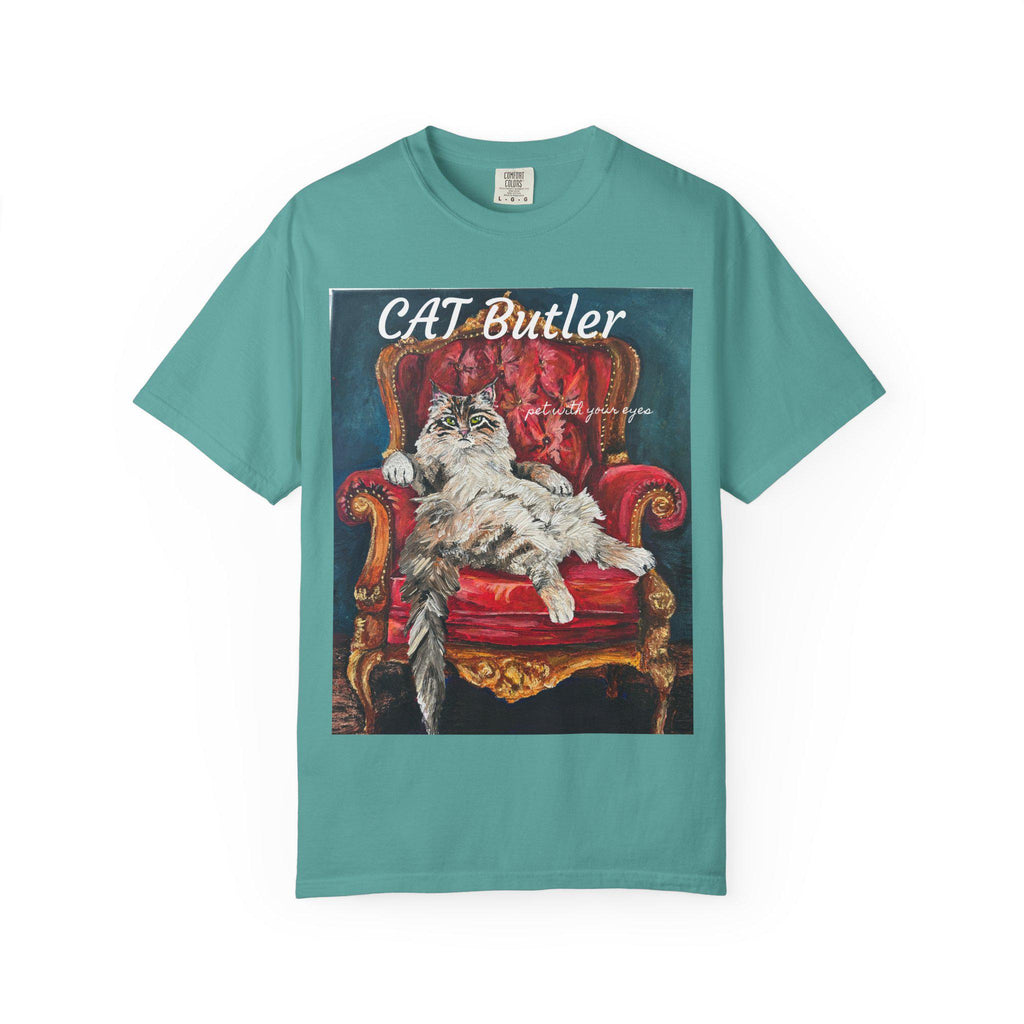 Cat Butler illustration T-shirt | Regal Cat on Throne, Vintage Pet Art