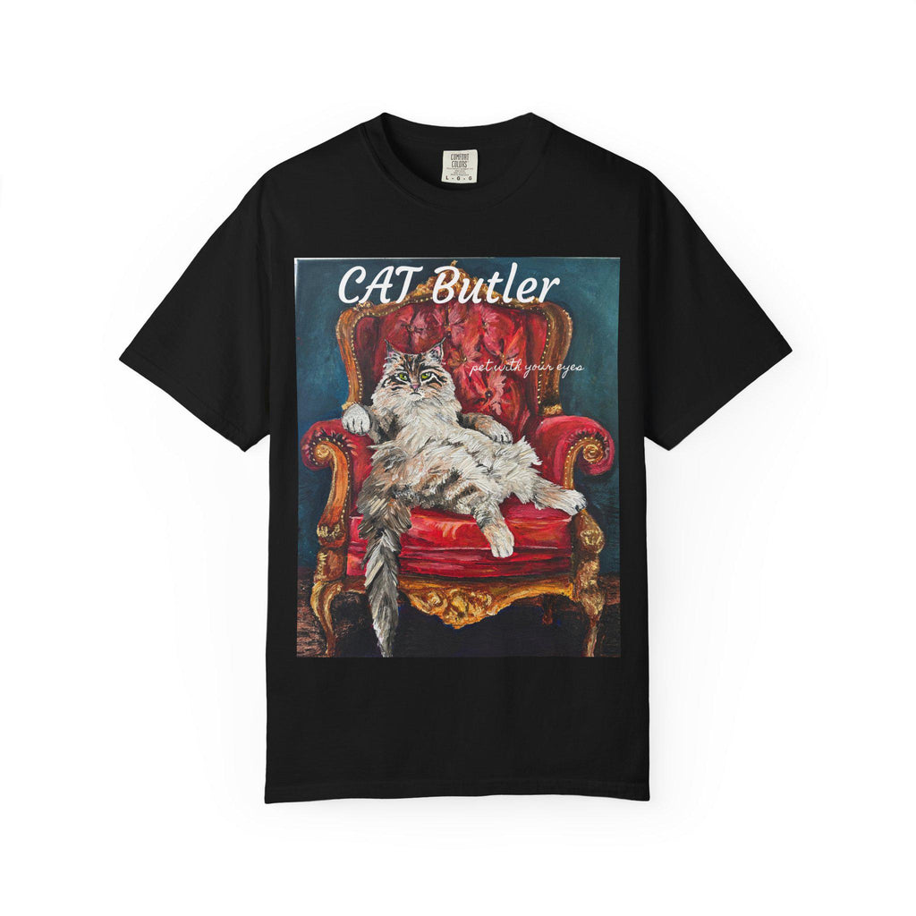 Cat Butler illustration T-shirt | Regal Cat on Throne, Vintage Pet Art