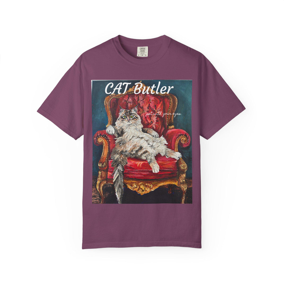 Cat Butler illustration T-shirt | Regal Cat on Throne, Vintage Pet Art