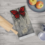 Red Butterfly Illustration Tea Towel | Grunge Botanical Art, Kitchen Linen