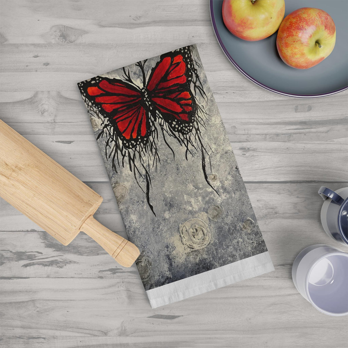 Red Butterfly Illustration Tea Towel | Grunge Botanical Art, Kitchen Linen
