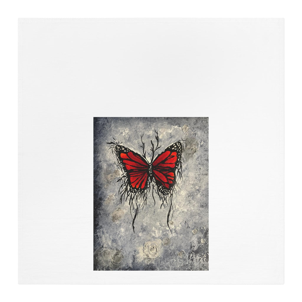 Red Butterfly Illustration Tea Towel | Grunge Botanical Art, Kitchen Linen
