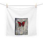 Red Butterfly Illustration Tea Towel | Grunge Botanical Art, Kitchen Linen