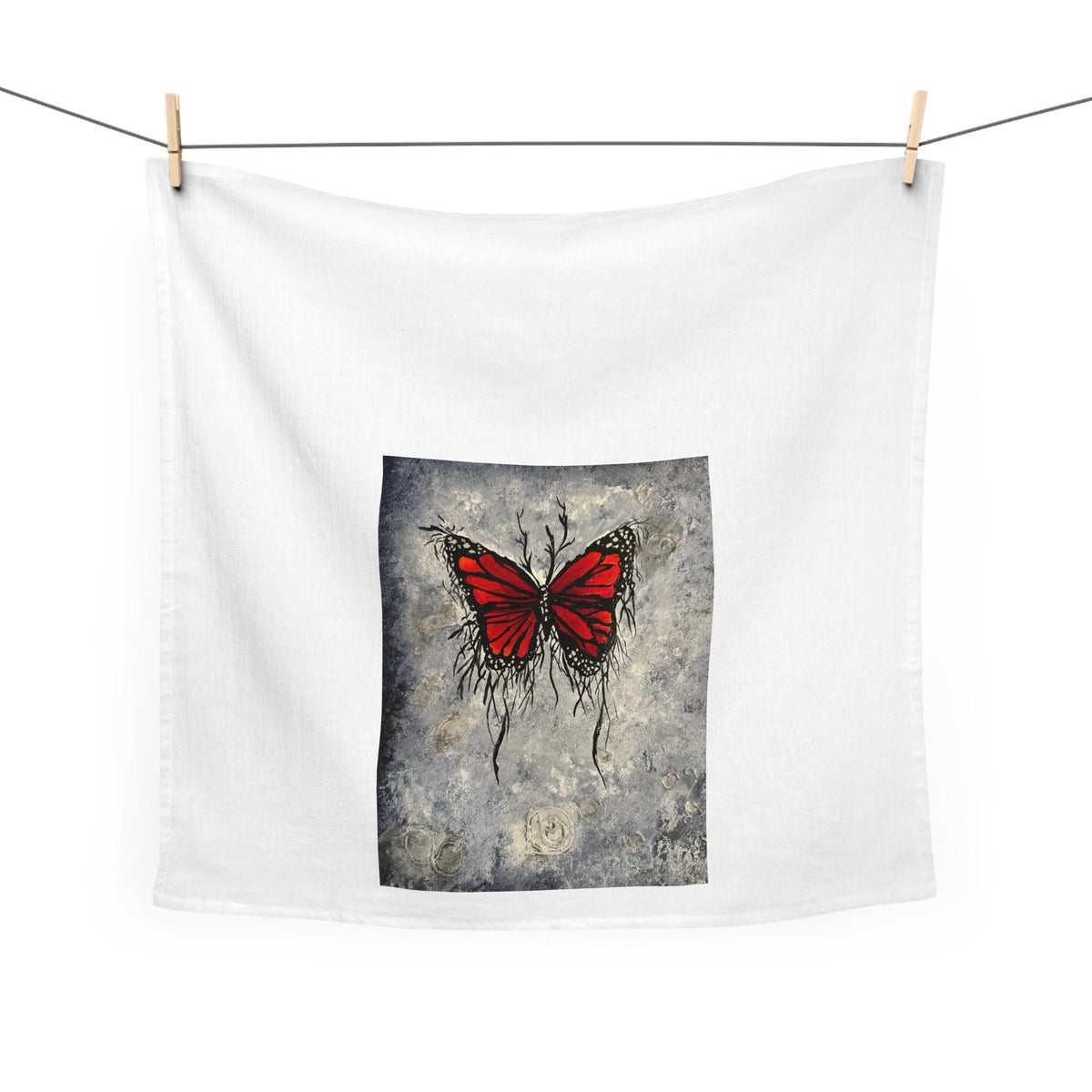 Red Butterfly Illustration Tea Towel | Grunge Botanical Art, Kitchen Linen