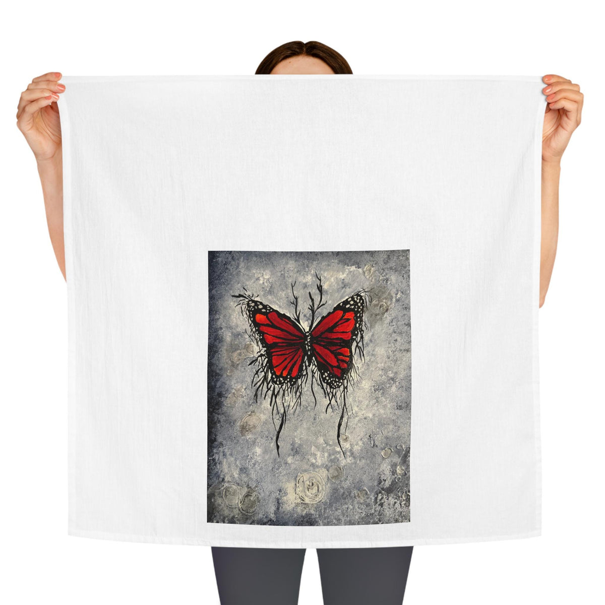 Red Butterfly Illustration Tea Towel | Grunge Botanical Art, Kitchen Linen