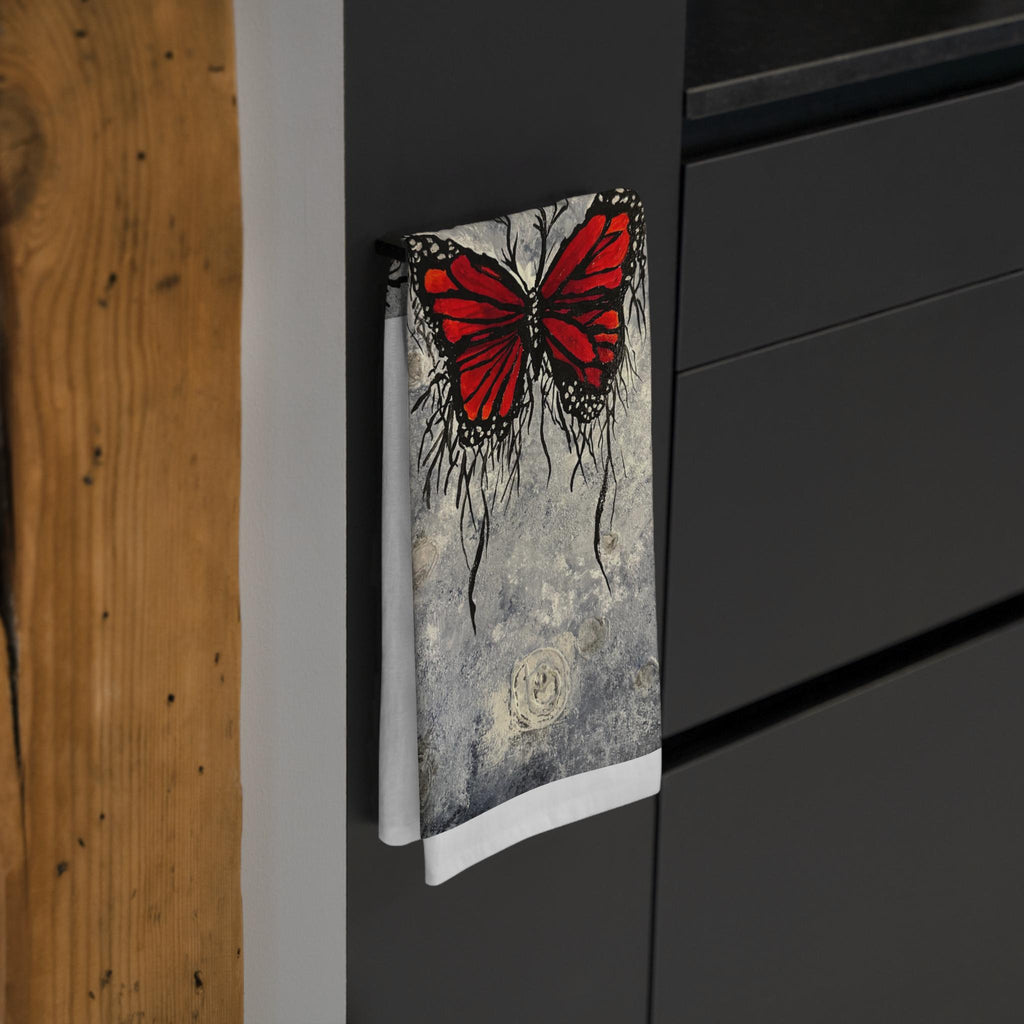 Red Butterfly Illustration Tea Towel | Grunge Botanical Art, Kitchen Linen