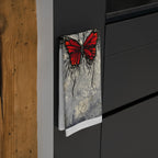 Red Butterfly Illustration Tea Towel | Grunge Botanical Art, Kitchen Linen