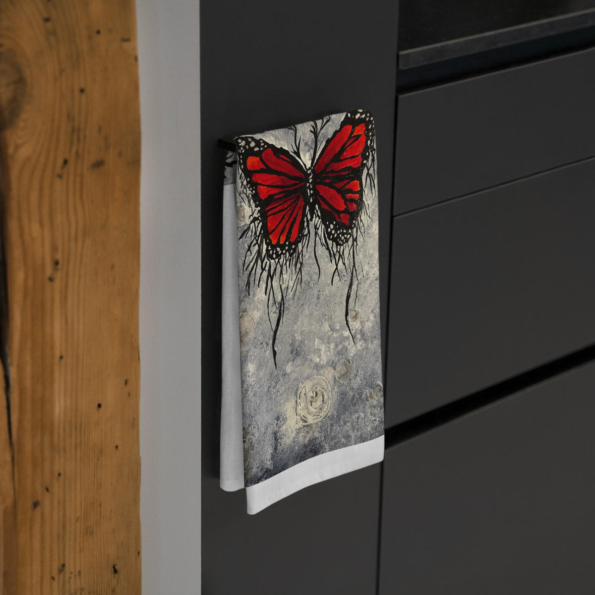 Red Butterfly Illustration Tea Towel | Grunge Botanical Art, Kitchen Linen