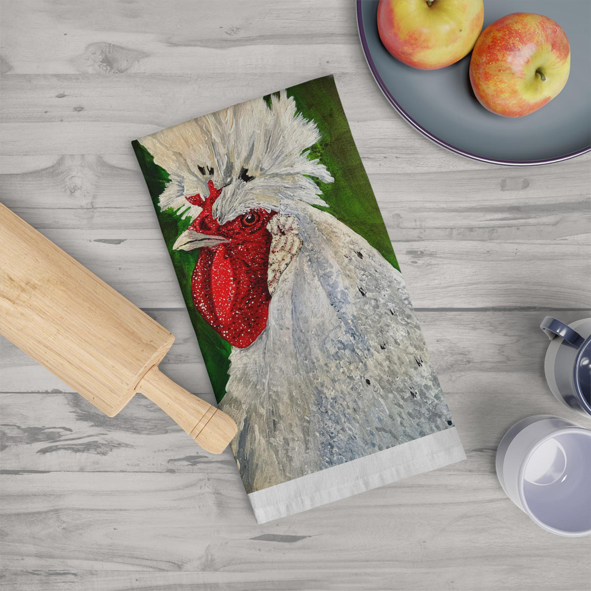 White Crested Rooster Tea Towel | Farmhouse Chicken Kitchen Decor