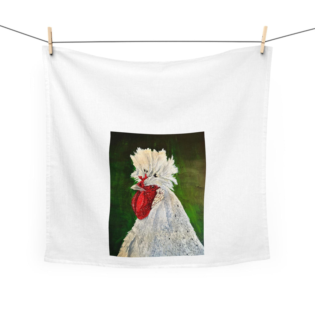 White Crested Rooster Tea Towel | Farmhouse Chicken Kitchen Decor